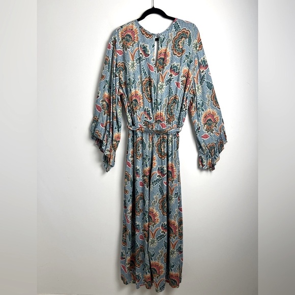 Pyramid Collection Bohemian Blue Floral Print Long Ruffle Sleeve Jumpsuit Sz 1X - Picture 2 of 12